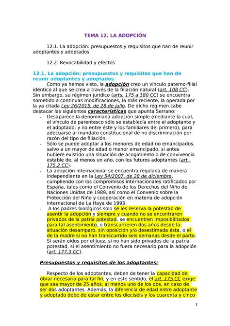 Tema 12 Apuntes Derecho Civil I TEMA 12 LA ADOPCIÓN La adopción