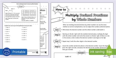 How To Multiply Decimal Fractions By Whole Numbers Activity Sheet