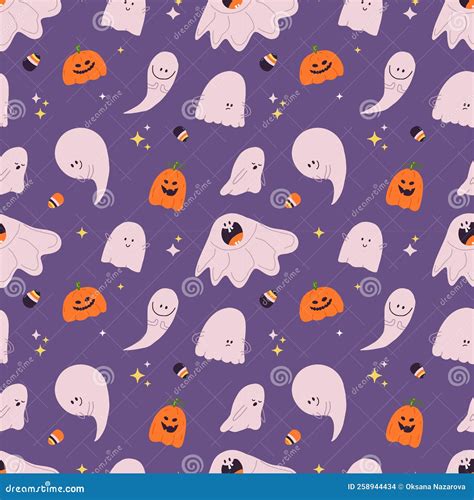 Halloween Cute Ghosts Pumpkins Candies Seamless Pattern Stock Vector