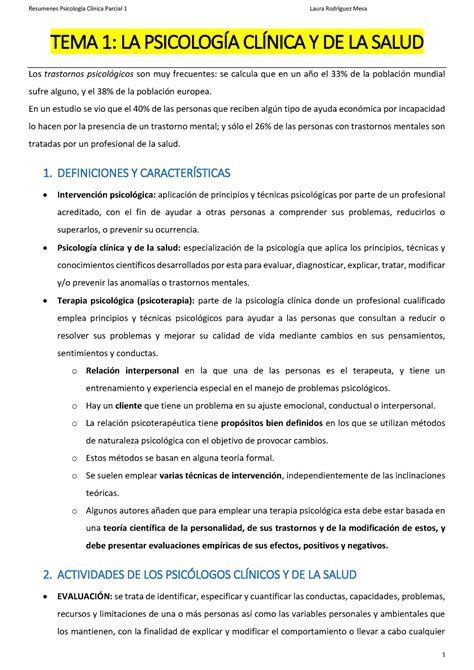 Tema 1 La Psicología Clínica Y De La Salud Resumenes Psicología Clínica Parcial 1 Laura