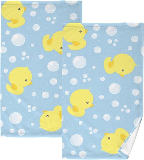 Bestwell Face Hand Towel Set Cute Baby Rubber Ducks On Blue Background