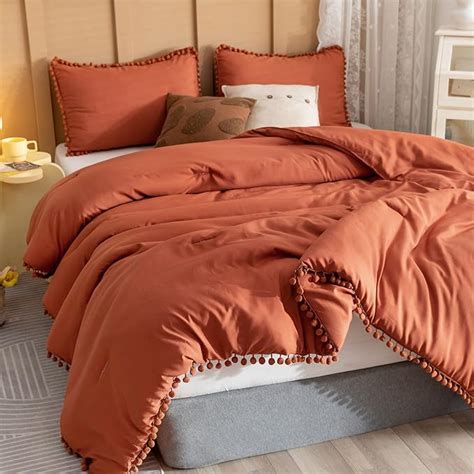 Yirddeo Terracotta Comforter King Set 3pcs Boho Ball Pom Pom Bedding Aesthetic