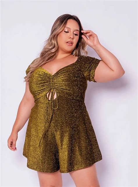 Macaquinho Godê Plus Size Franzido Ajustável em Malha Lurex Best Size