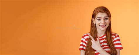 Close Up Silly Cute Redhead Female Trying Help Showing Way Smiling Friendly Politely Introduce