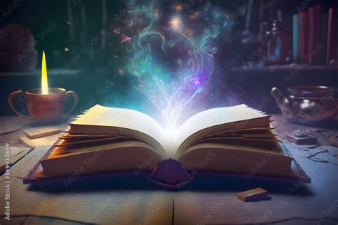 Open Magic Spell Book With A Magical Plume Glowing Around On Wooden