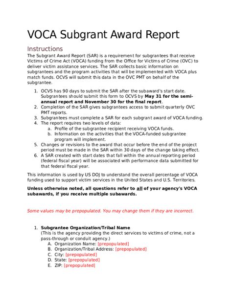 Voca Federal Award Responsibilities Victim Of Crime Act Doc Template