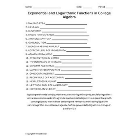 Exponential And Logarithmic Functions In College Algebra Vocabulary