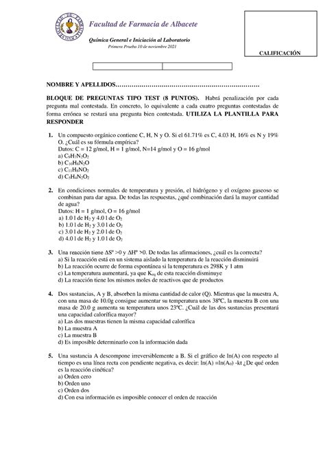 Examen Quimica General Prueba Qu Mica General E Iniciaci N Al