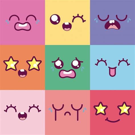 Kawaii Desenhos Animados Emoticons Coloridos Conjunto Vector Design