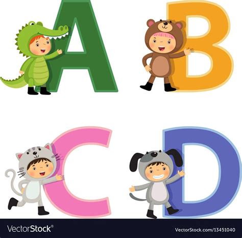 English Alphabet With Kids In Animal Costume A To D Letters Download