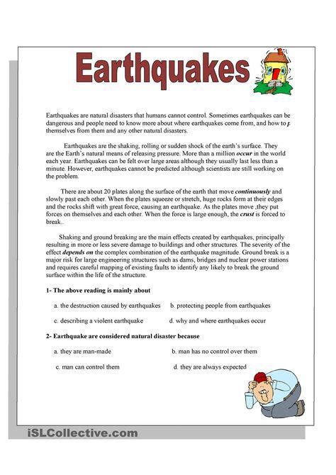 Earthquakes Reading Comprehension Worksheets Reading Worksheets