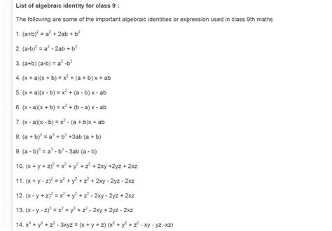 Dcmc Math Class List Of Algebraic Identities For Class