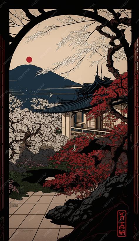 Premium AI Image | A poster for a japanese house with a mountain in the ...