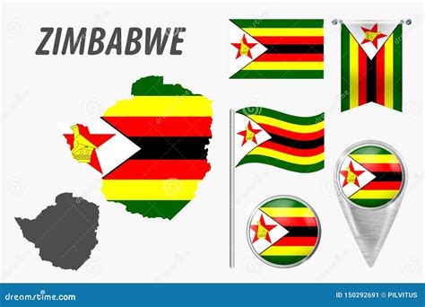 Zimbabwe Collection Of Symbols In Colors National Flag On Various