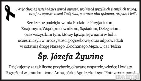 Podziękowanie za udział w pogrzebie Śp Józefa Żywiny Wodzisław