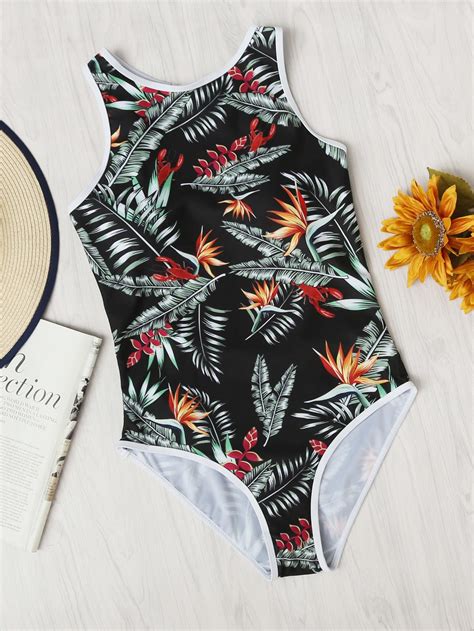 Tropical Print Open Back Swimsuit Shein Sheinside