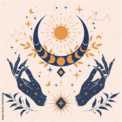 Bohemian aesthetic illustration with hands and moon phases Boho chic