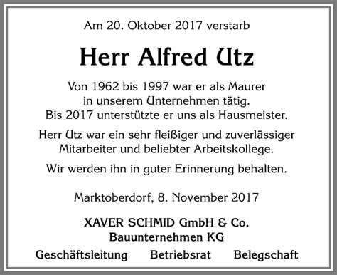 Traueranzeigen Von Alfred Utz Allg Uer Zeitung