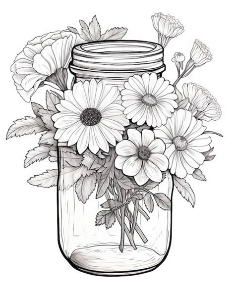 Drawing Of A Mason Jar Filled With Flowers Premium Ai Generated Image