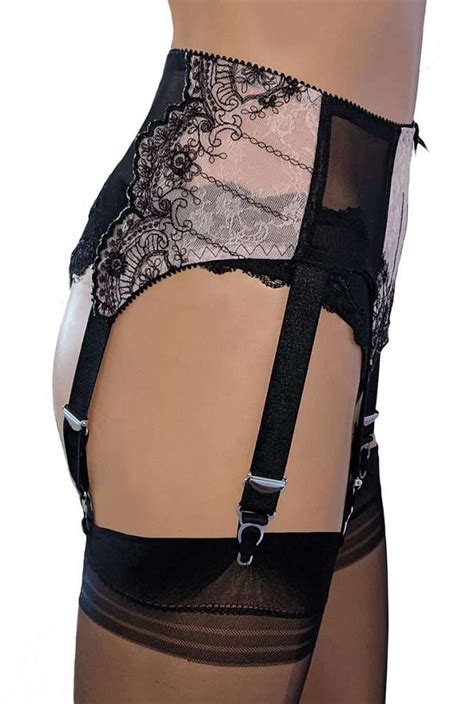 Black Power Mesh With Pink Lace 6 Strap Suspender Belt