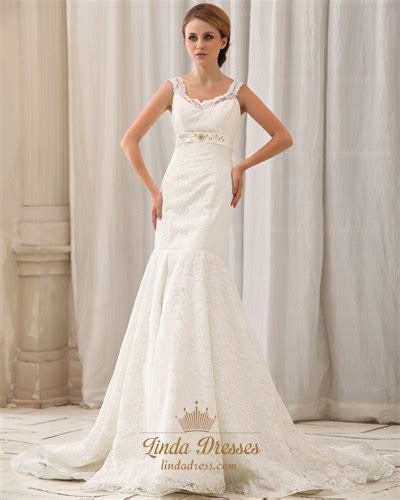 Ivory V Neck Empire Waist Lace A Line Wedding Dresses With Beaded Belt