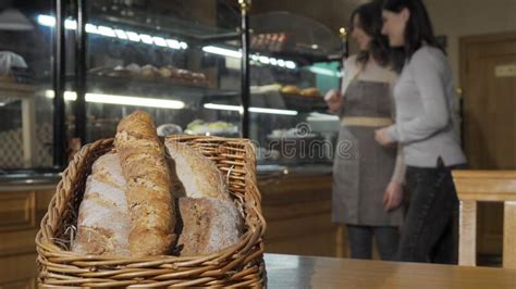 Selective Focus On Delicious Bread In A Basket At The Bakery Stock