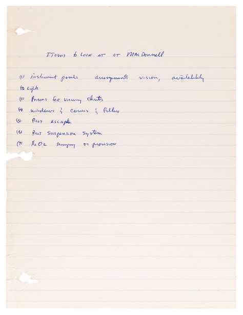 Gordon Cooper Handwritten Notes From Visit To Mcdonnell Douglas