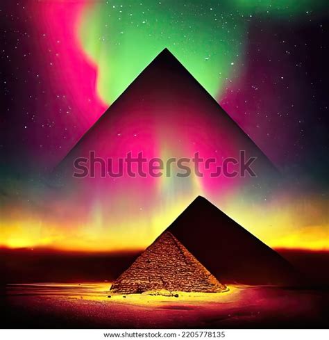 Egyptian Pyramids During Aurora Borealis Stock Illustration 2205778135