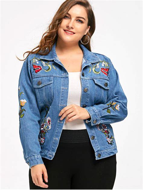 33 Off 2021 Embroidery Plus Size Denim Jacket In Denim Blue Zaful