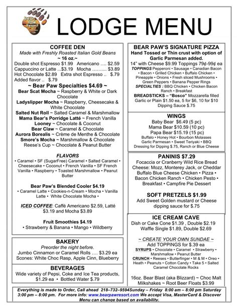 Lodge Menu Bear Paw Resort