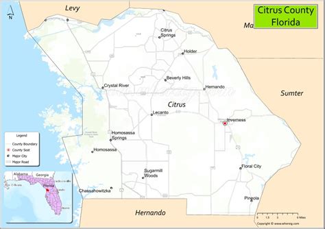 a map of the city of citrus county, florida with cities and major roads ...