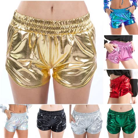 Shiny Metallic Shorts Women High Waist Pants Yoga Sport Pants Sparkly Outfit Elastic Waist Rave