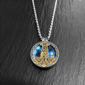 Thor S Hammer Mjolnir Silver Necklace Pendant With Labradorite