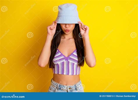 Photo Of Flirty Shy Lady Wear Striped Crop Top Cap Sending You Kiss