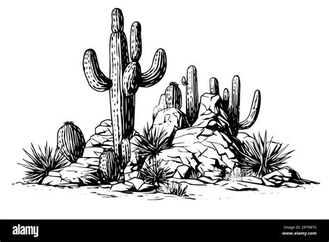 Landscape With Cactus In Engraving Style Vector Illustration Cactus