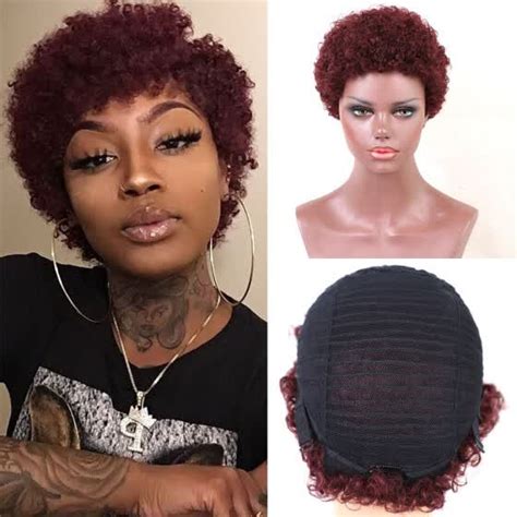 Shop Red Wine Short Curly Wigs Real Human Hair Wig Sexy Black Women