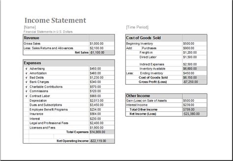 Ms Excel Income Statement Editable Printable Template Excel Templates