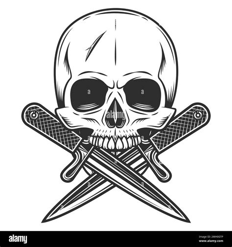 Gangster Skull With Crossed Knives In Vintage Monochrome Style Isolated