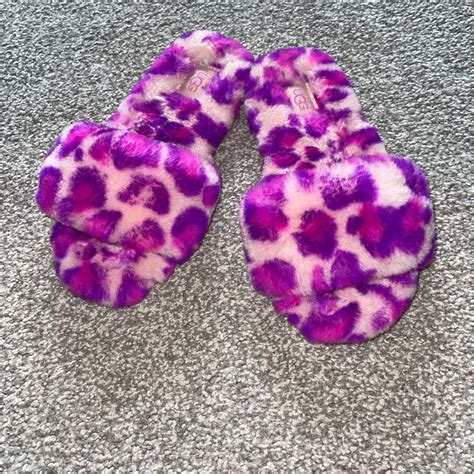 Ugg Pink and purple fluffy slippers Hard rubber... - Depop