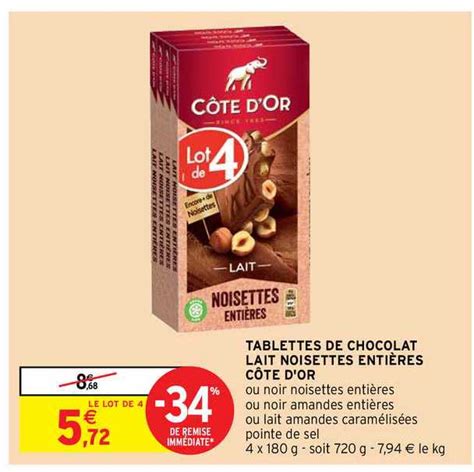 Promo Tablettes De Chocolat Lait Noisettes Entières Côte D or chez