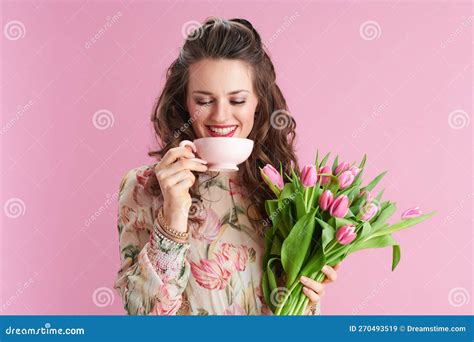 Happy Trendy Woman In Floral Dress On Pink Stock Image Image Of