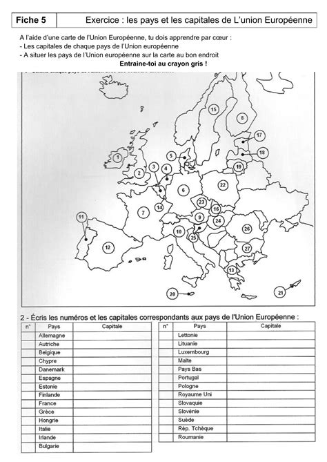 Exercice les pays et les capitales de L union Européenne Fiche 5