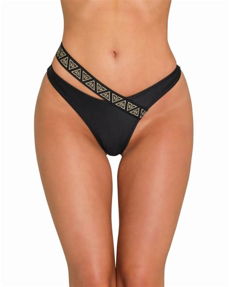 Black Asymmetrical Thong Low Rise Bikini Bottom With Branded Strap XS