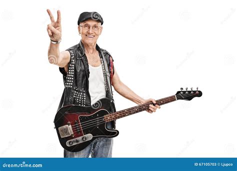 Senior Punk Bass Player Making A Peace Sign Stock Image Image Of Musician Peace 67105703