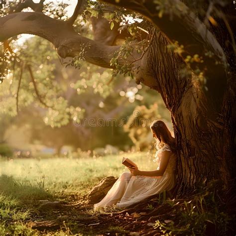 Thoughtful European Female Sitting On Grass Under Tree And Reading