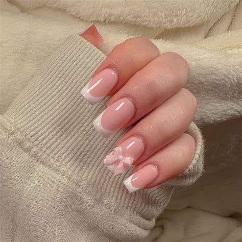 French Tips And Pink Bow Nails Reusable Gel Press Ons French Nails