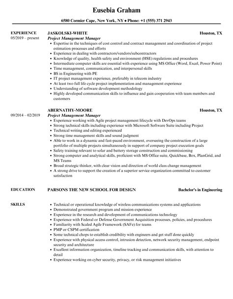 Project Management Manager Resume Samples Velvet Jobs