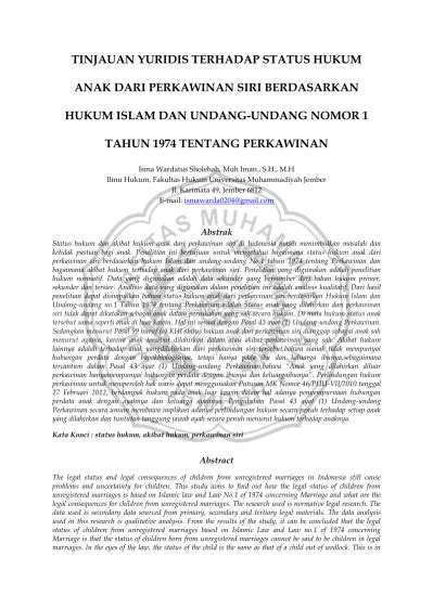 Tinjauan Yuridis Terhadap Status Hukum Anak Dari Perkawinan Siri