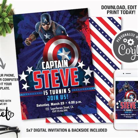 Printable Invitations Captain America Etsy