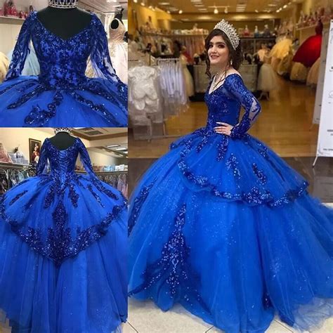 Royal Blue Quinceanera Dresses Beaded Long Sleeve Party Prom Sweet 16 ...